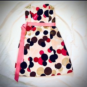 Molly B. 100% Silk strapless cocktail dress polka dot pink grosgrain ribbon belt